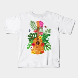 Hawaiian Ukulele Hibiscus Butterflies Kids T-Shirt